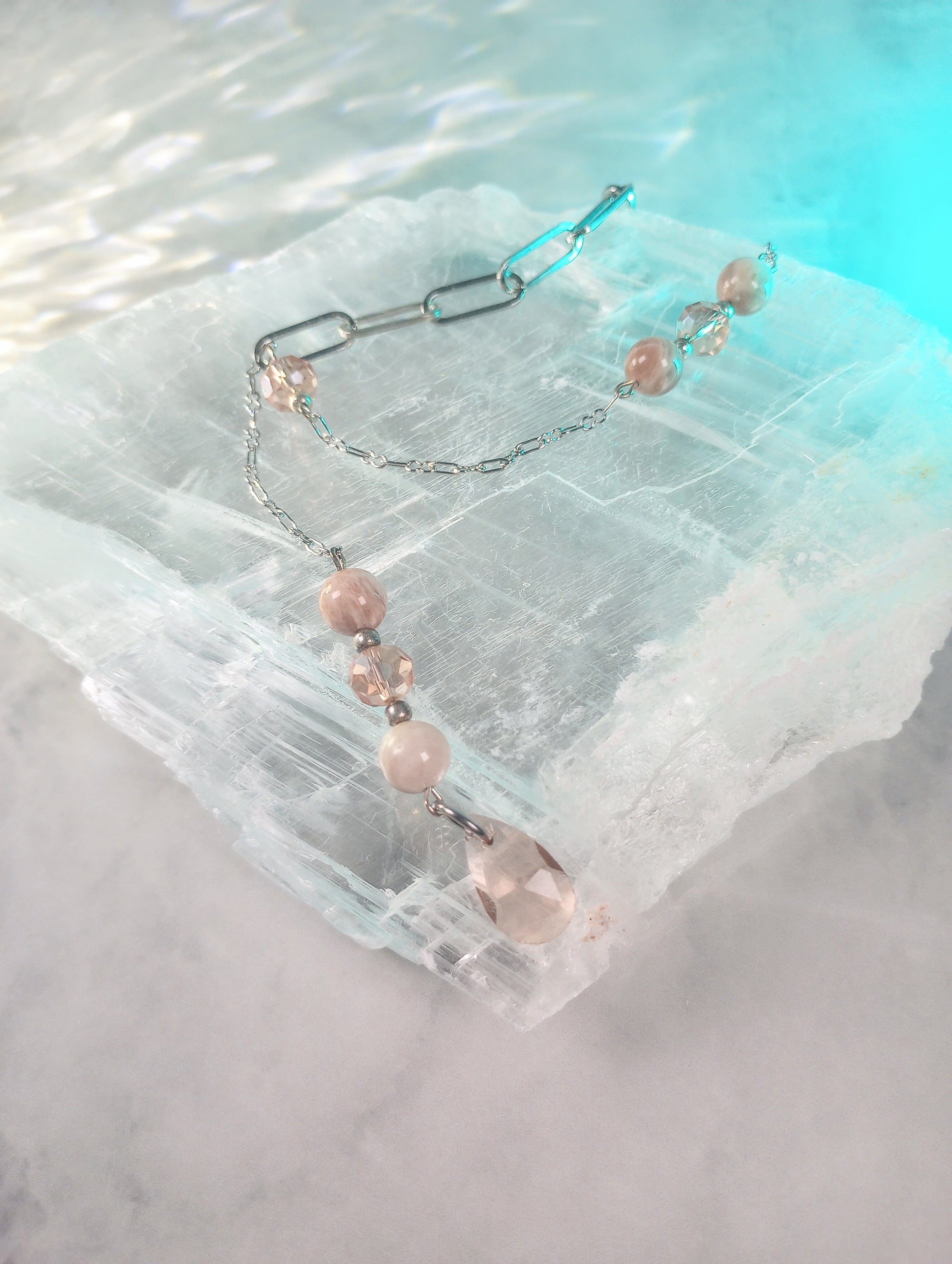 Asymmetrical Peachy Pink Crystal & Sunstone Chain Lariat Necklace