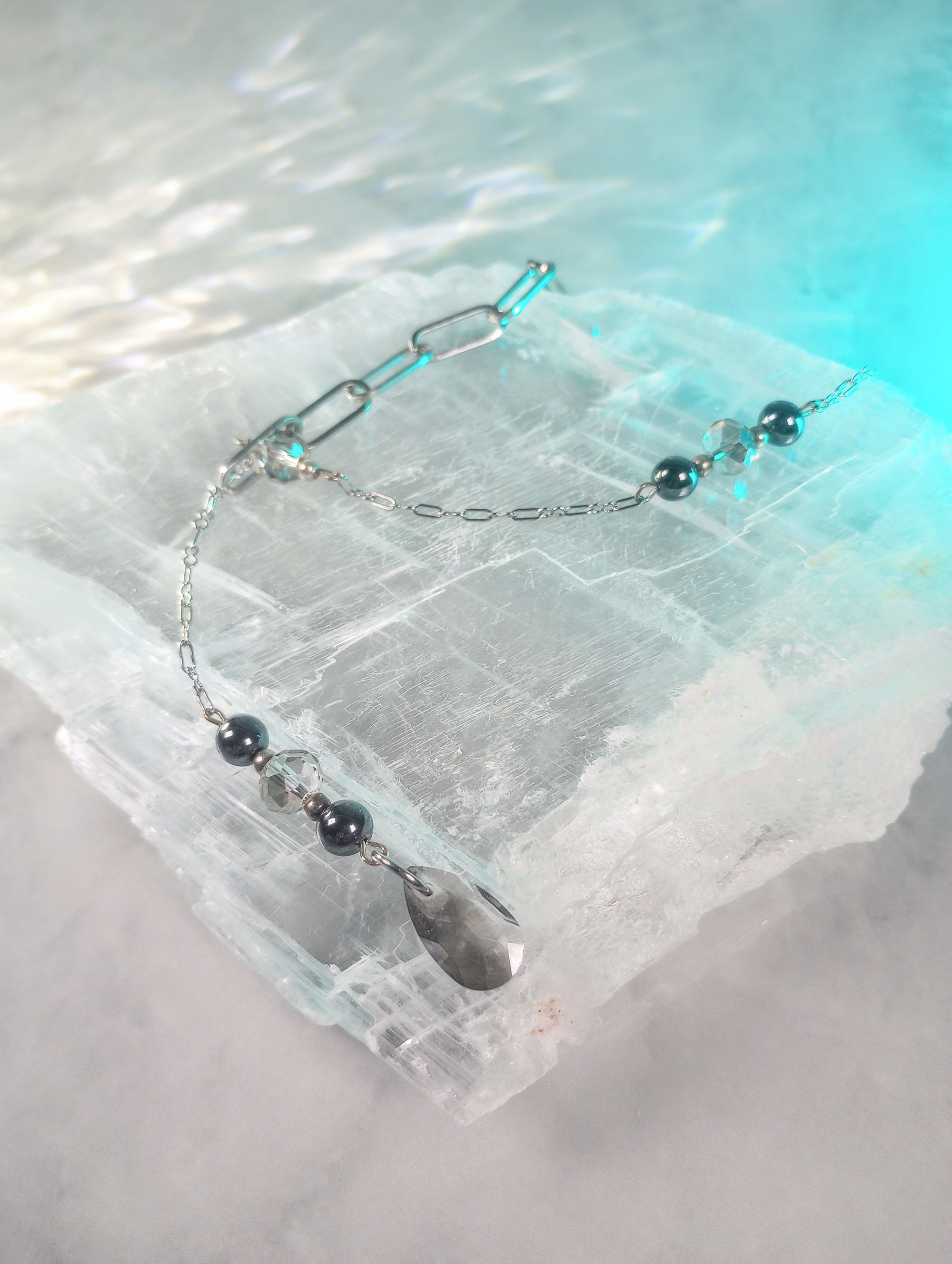 Asymmetrical Smokey Gray Crystal & Hematite Chain Lariat Necklace