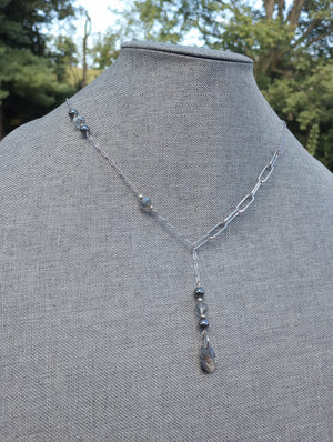 Asymmetrical Smokey Gray Crystal & Hematite Chain Lariat Necklace