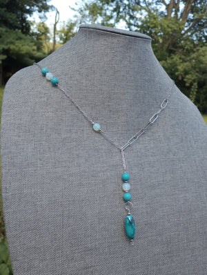 Asymmetrical Turquoise Howlite & Opalite Chain Lariat Necklace