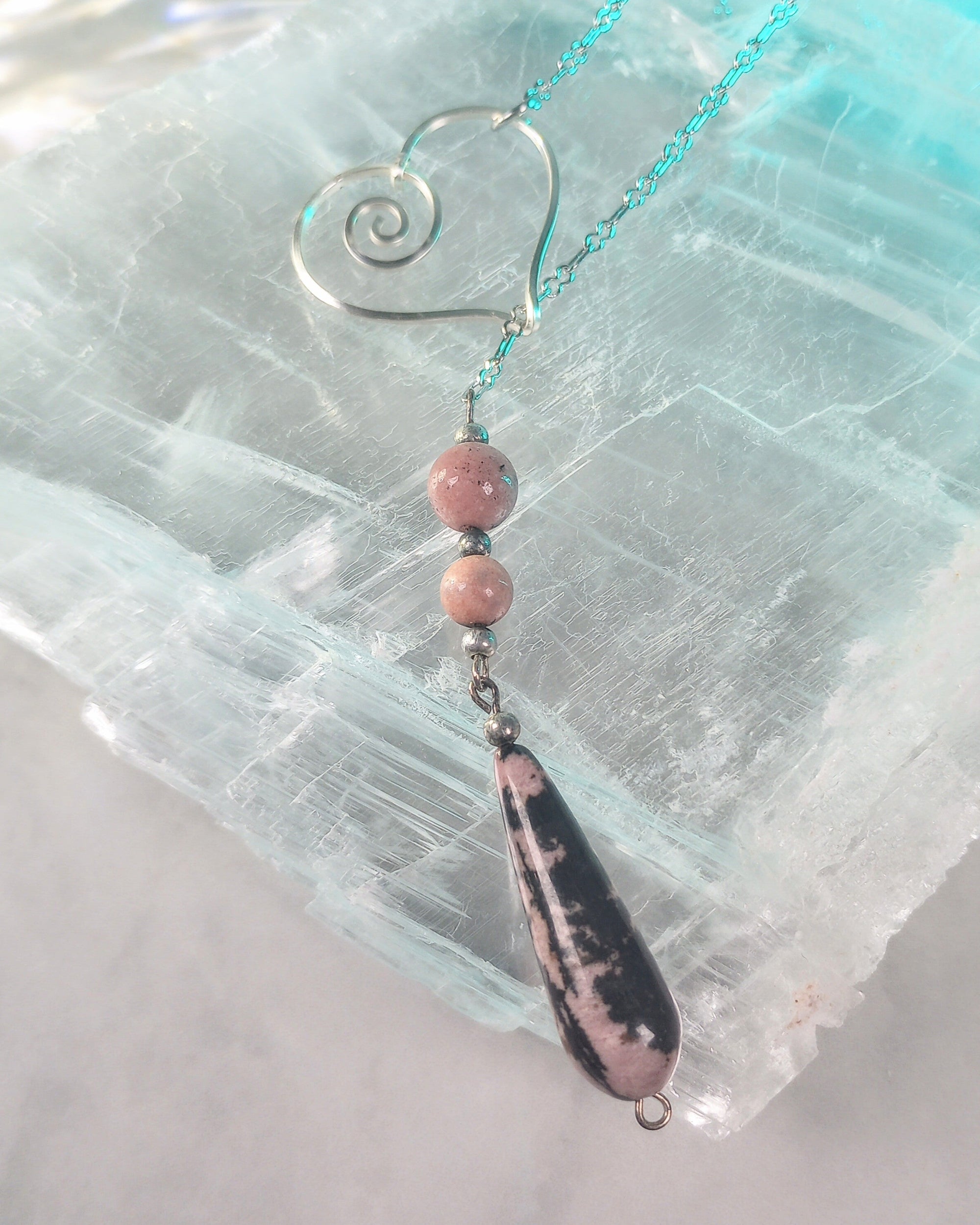 Heart & Rhodonite Teardrop Chain Lariat Necklace