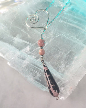 Heart & Rhodonite Teardrop Chain Lariat Necklace