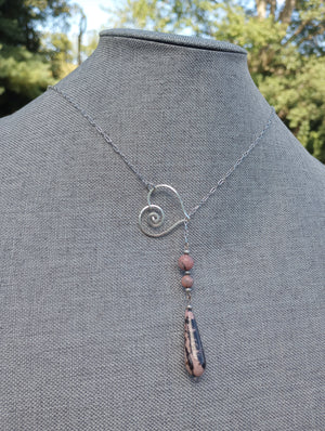 Heart & Rhodonite Teardrop Chain Lariat Necklace