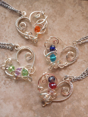 Birthstone Heart Pendant Necklace with Wire Wrapped Swirls