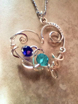 Birthstone Heart Pendant Necklace with Wire Wrapped Swirls