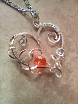 Birthstone Heart Pendant Necklace with Wire Wrapped Swirls