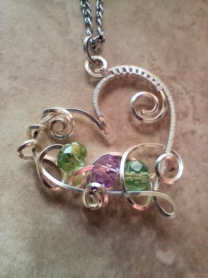 Birthstone Heart Pendant Necklace with Wire Wrapped Swirls