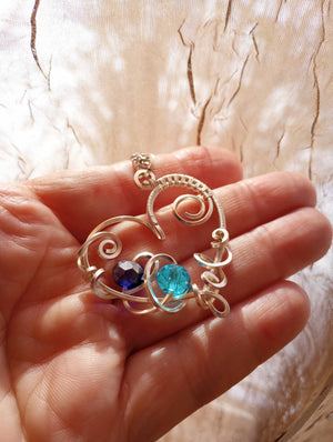 Birthstone Heart Pendant Necklace with Wire Wrapped Swirls