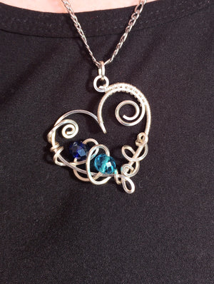 Birthstone Heart Pendant Necklace with Wire Wrapped Swirls