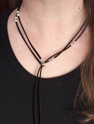 Silver Sparkle Beaded Lariat Necklace (on Black)