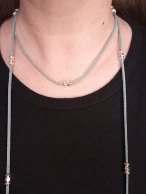 Silver Sparkle Beaded Lariat Necklace (on Cadet Blue)