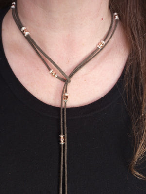 Silver & Rose Gold Duet Beaded Lariat Necklace (on Gray)