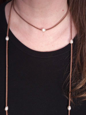 Ivory Luster Freshwater Pearl Lariat Necklace (on Camel)