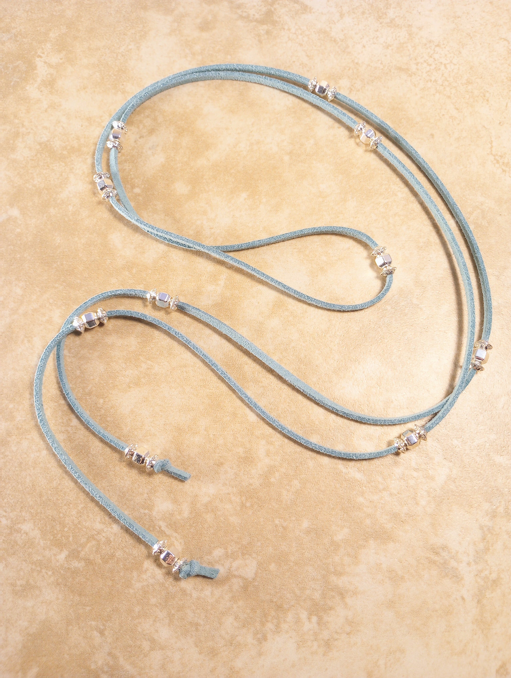 Silver Sparkle Beaded Lariat Necklace (on Cadet Blue)