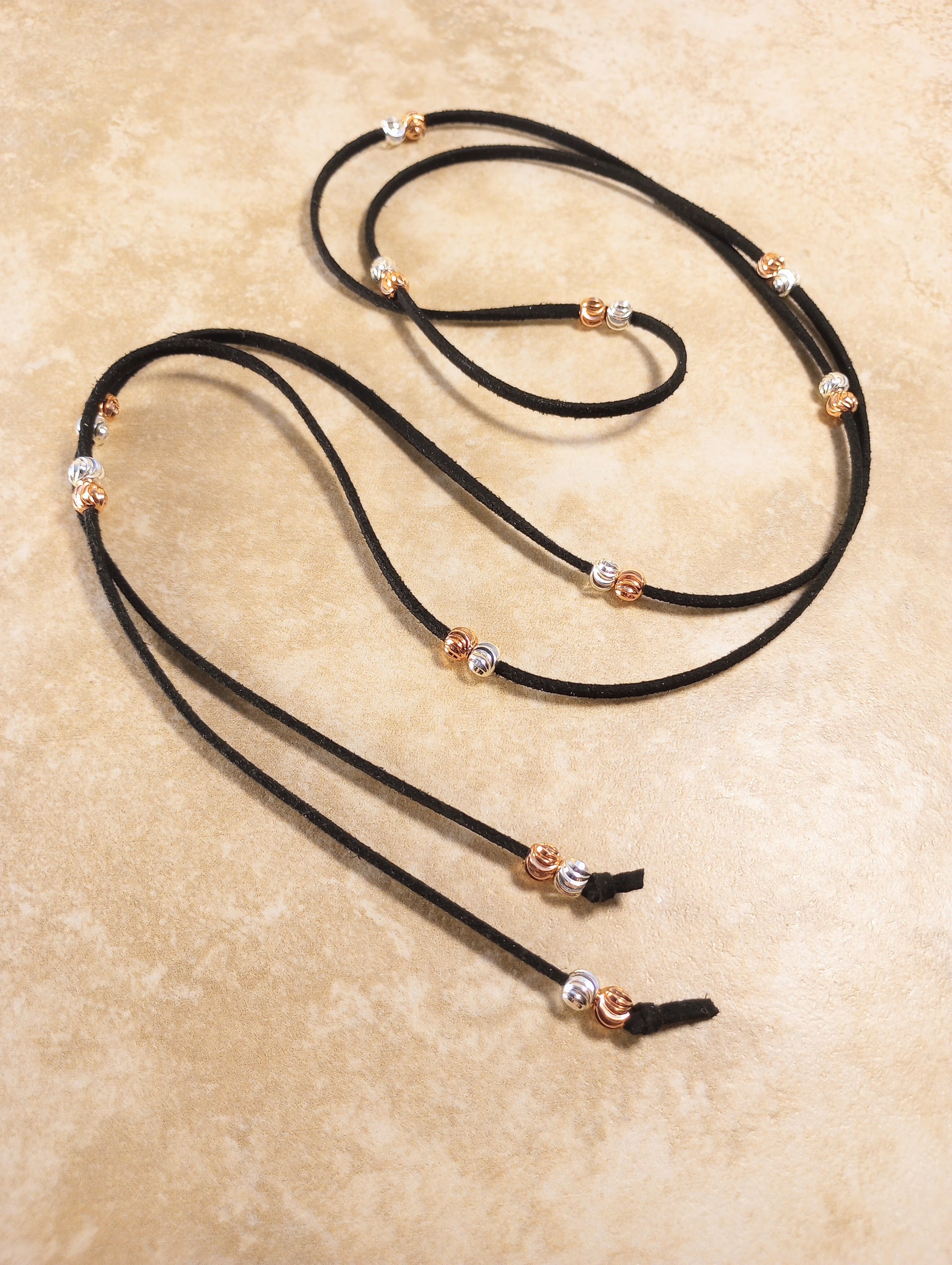 Rose Gold & Silver Duet Beaded Lariat Necklace (on Black)