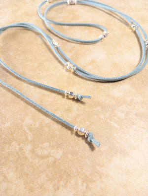 Silver Sparkle Beaded Lariat Necklace (on Cadet Blue)