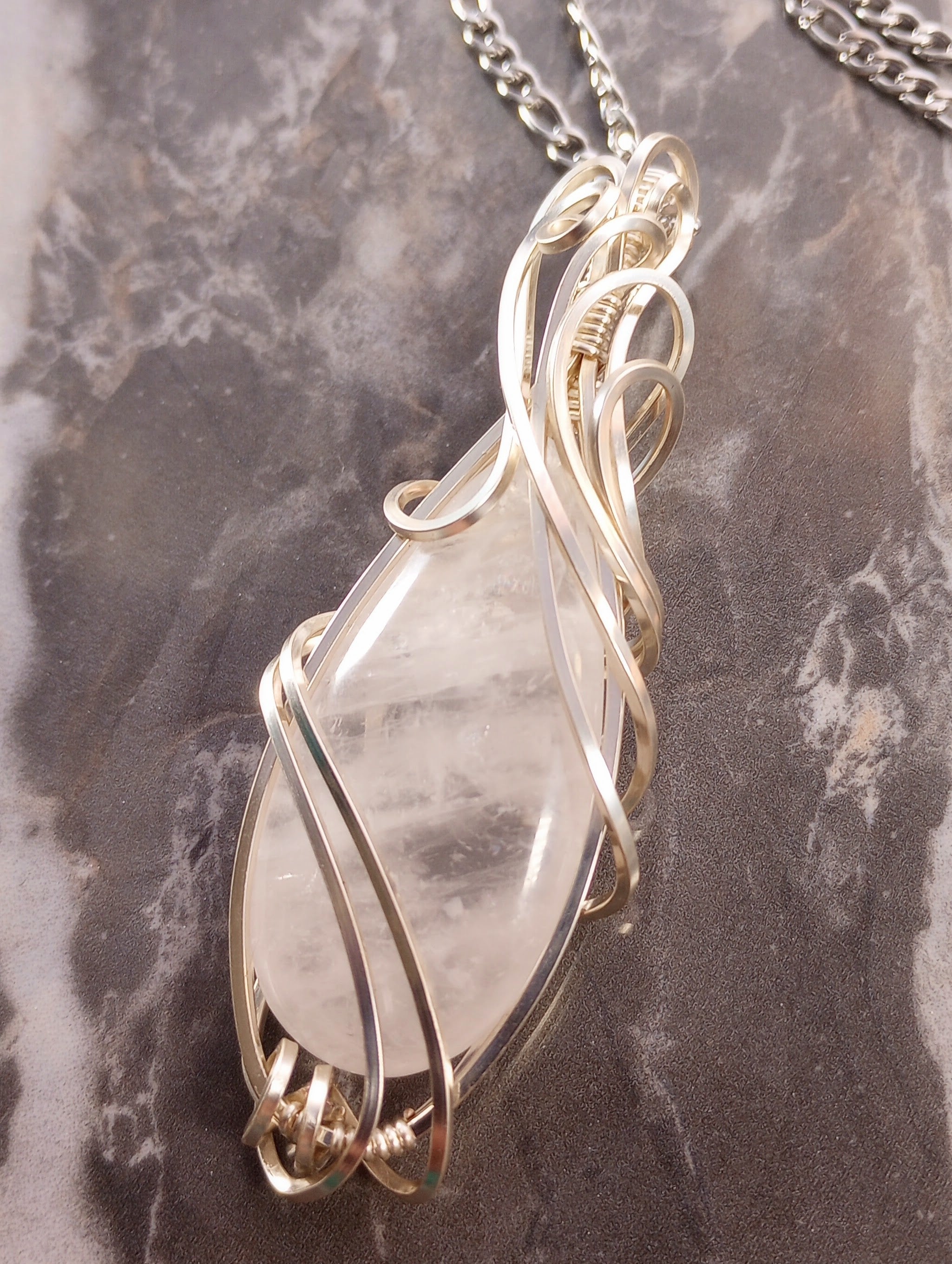 Silver-plated, heady wire-wrapped, wire-woven, Swarovski crystal, rose quartz, necklace, pendant, fairy, 2024 jewelry