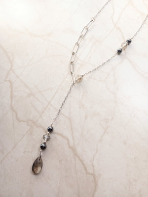 Asymmetrical Smokey Gray Crystal & Hematite Chain Lariat Necklace