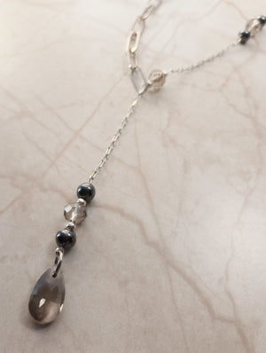 Asymmetrical Smokey Gray Crystal & Hematite Chain Lariat Necklace