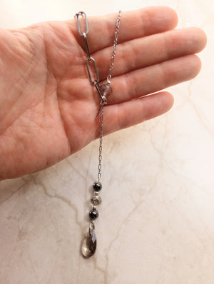 Asymmetrical Smokey Gray Crystal & Hematite Chain Lariat Necklace