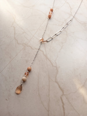 Asymmetrical Peachy Pink Crystal & Sunstone Chain Lariat Necklace