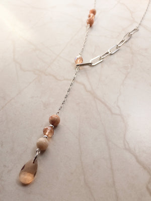 Asymmetrical Peachy Pink Crystal & Sunstone Chain Lariat Necklace