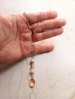 Asymmetrical Peachy Pink Crystal & Sunstone Chain Lariat Necklace