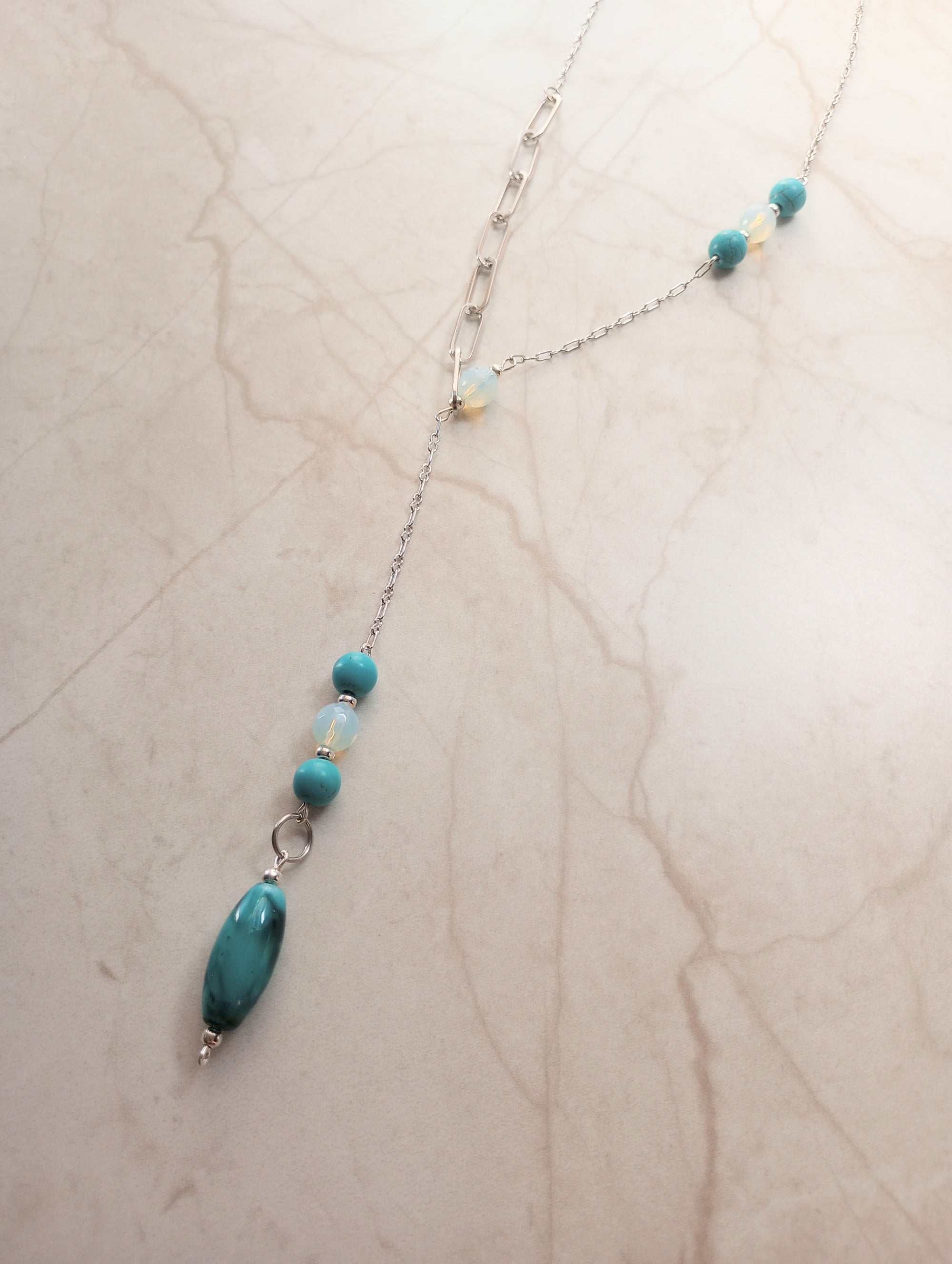 Asymmetrical Turquoise Howlite & Opalite Chain Lariat Necklace