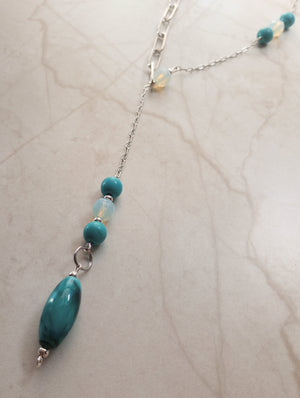 Asymmetrical Turquoise Howlite & Opalite Chain Lariat Necklace