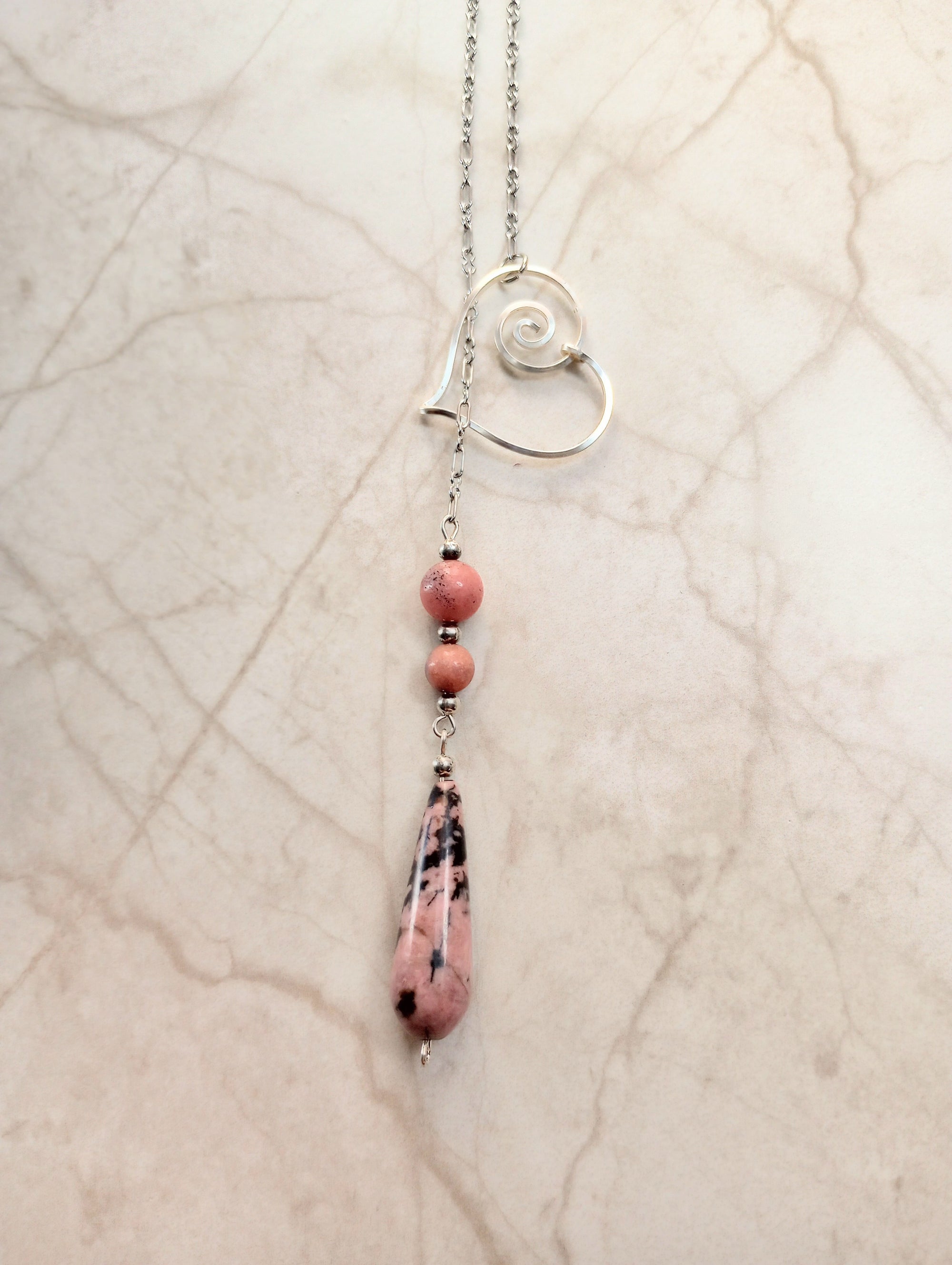 Heart & Rhodonite Teardrop Chain Lariat Necklace