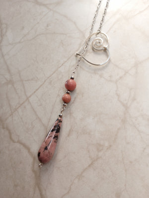 Heart & Rhodonite Teardrop Chain Lariat Necklace