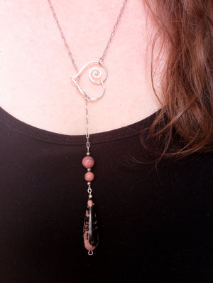 Heart & Rhodonite Teardrop Chain Lariat Necklace