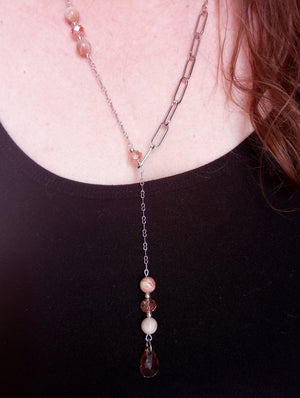 Asymmetrical Peachy Pink Crystal & Sunstone Chain Lariat Necklace