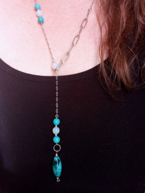 Asymmetrical Turquoise Howlite & Opalite Chain Lariat Necklace