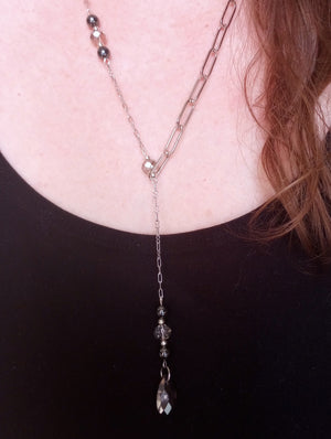 Asymmetrical Smokey Gray Crystal & Hematite Chain Lariat Necklace