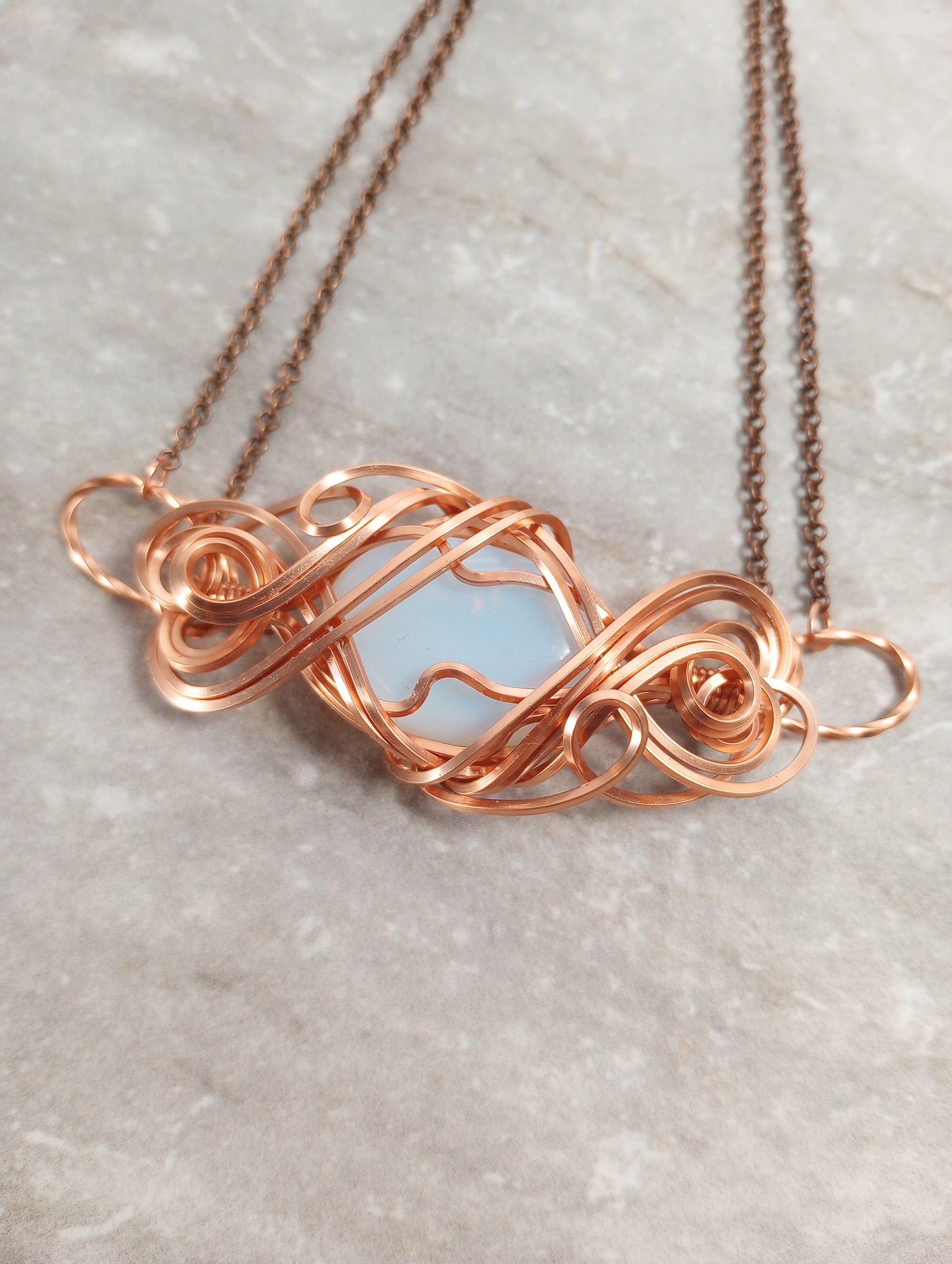 Exquisite Swirls Copper & Opalite Bar Pendant Necklace