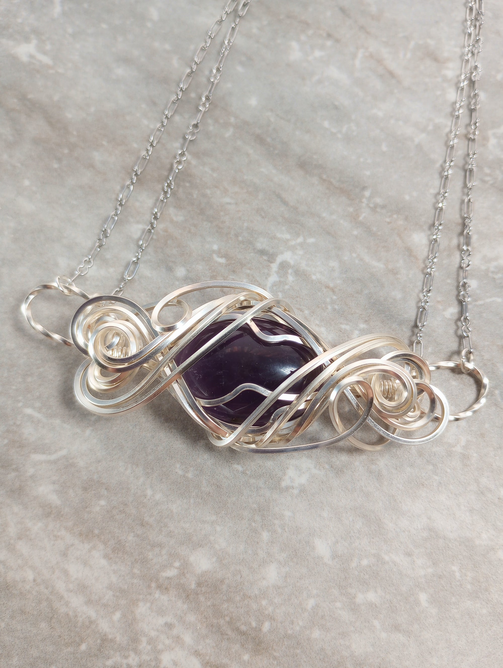 Exquisite Swirls Silver & Amethyst Bar Pendant Necklace