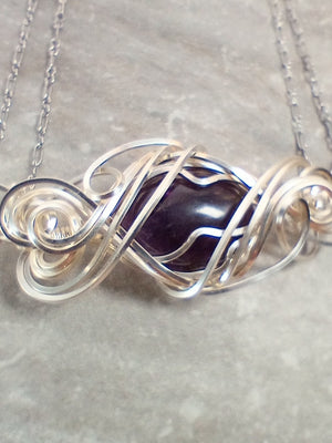 Exquisite Swirls Silver & Amethyst Bar Pendant Necklace