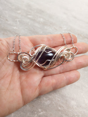 Exquisite Swirls Silver & Amethyst Bar Pendant Necklace