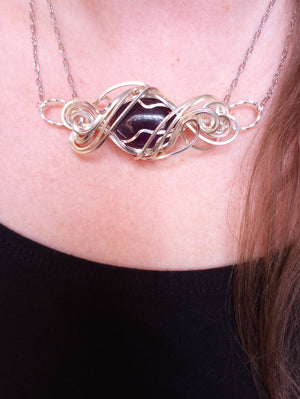 Exquisite Swirls Silver & Amethyst Bar Pendant Necklace