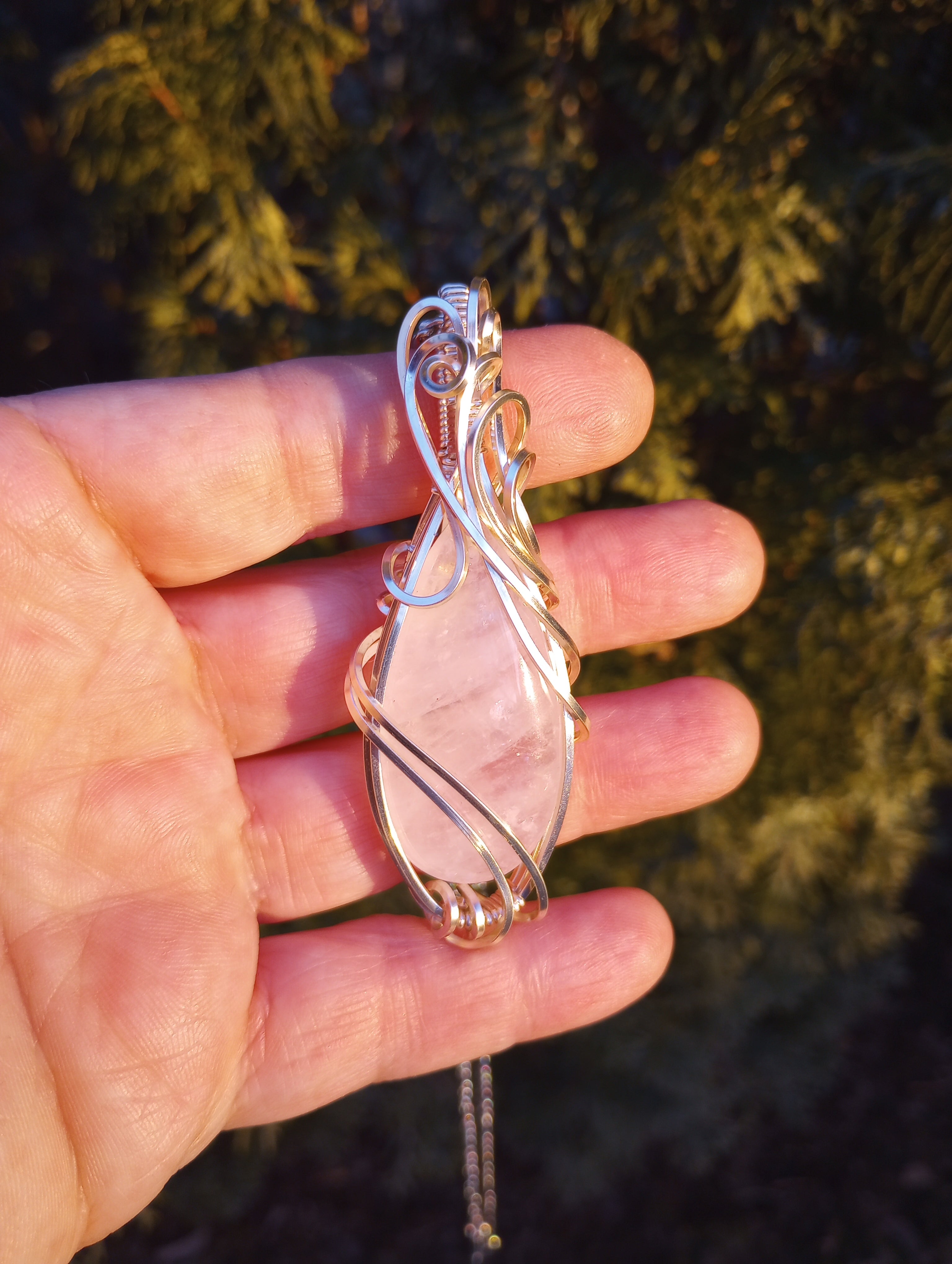 Silver-plated, heady wire-wrapped, wire-woven, Swarovski crystal, rose quartz, necklace, pendant, fairy, 2024 jewelry