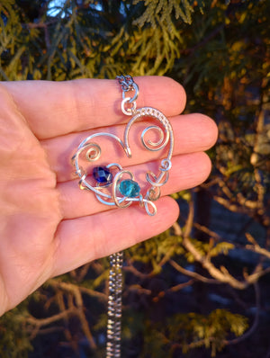 Birthstone Heart Pendant Necklace with Wire Wrapped Swirls