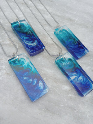 Shimmering Blue Art Pendant Necklace (large rectangle)