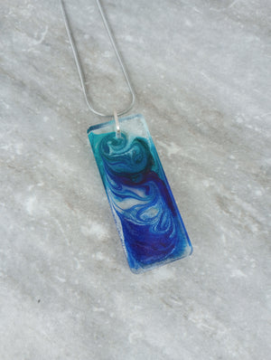 Shimmering Blue Art Pendant Necklace (large rectangle)