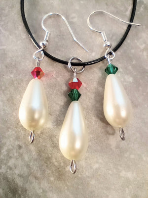 Red & Green Bead & Glass Pearl Teardrop Set