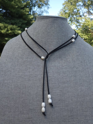 Ivory Luster Freshwater Pearl Lariat Necklace (on Black)