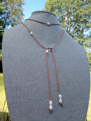 Ivory Luster Freshwater Pearl Lariat Necklace (on Camel)