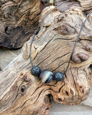 Lava Bead & Striped Agate Beaded Necklace