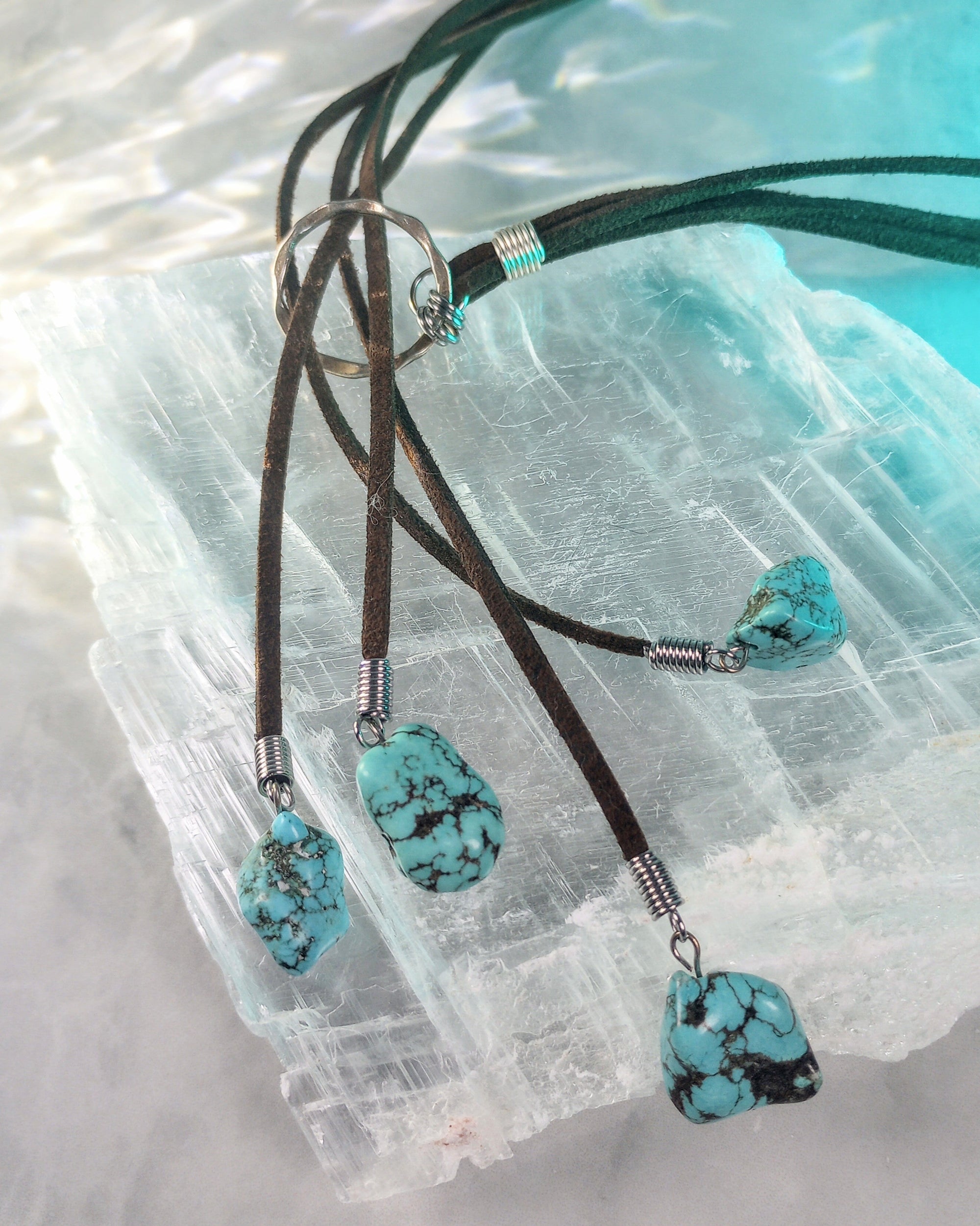 Multi-Strand Turquoise Howlite Lariat Necklace (on Dark Brown)