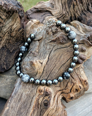 Snowflake Obsidian & Hematite Mens Beaded Bracelet